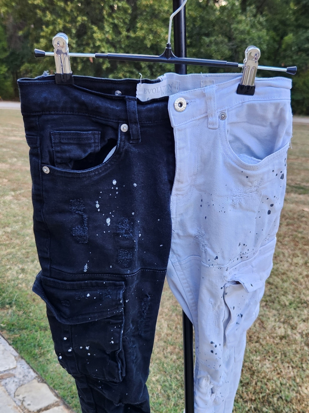 Evolution In Design Boys Split Color Paint Splatter Distressed Cargo Jeans Sz 12